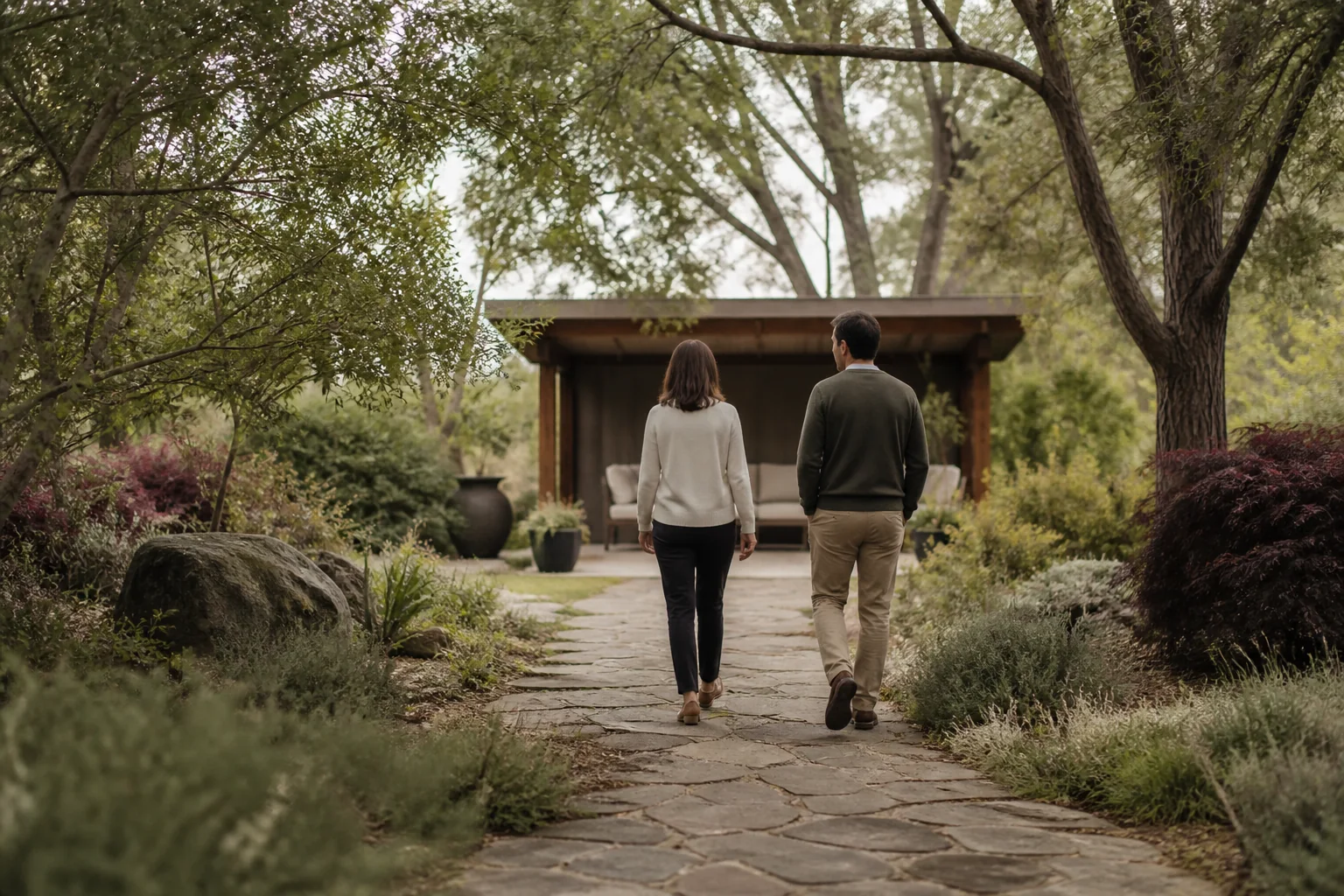 Two adults walking toward a quiet private offsite therapy setting